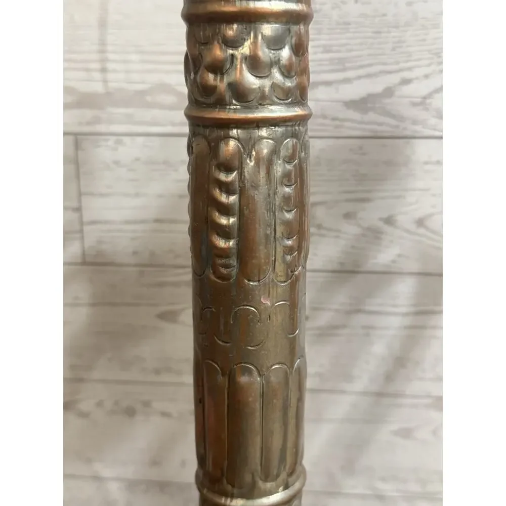 2 Large Metal Ornate Candlesticks with Handle Great Patina